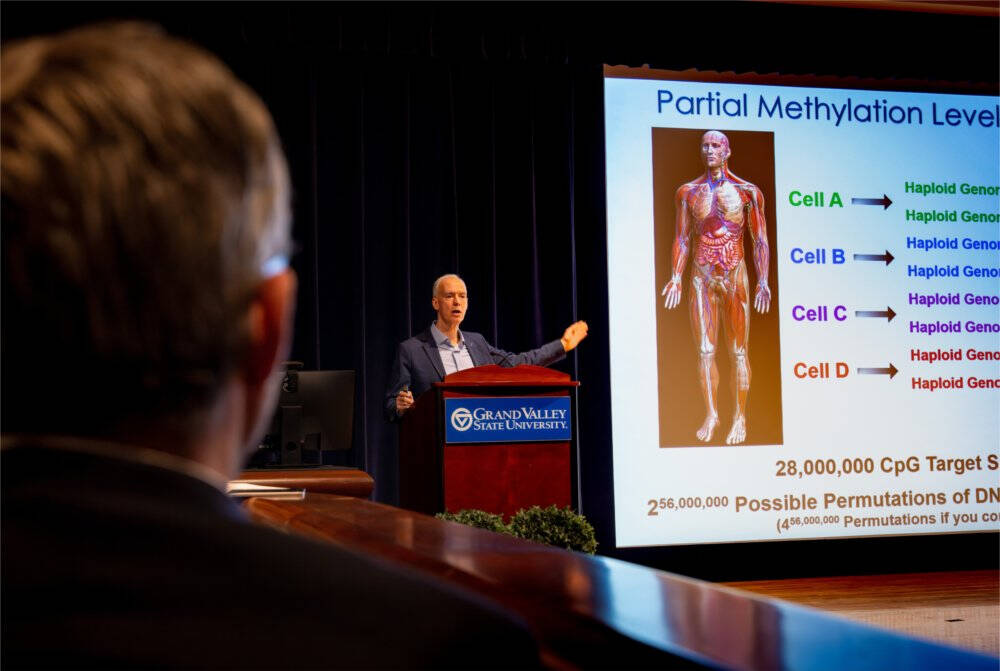 Peter W. Laird, professor and the Peter and Emajean Cook endowed chair in epigenetics at the Van Andel Institute, delivers his presentation during Innovation Day.